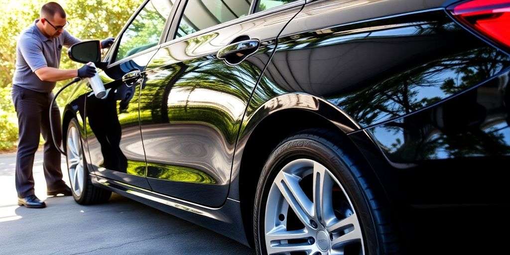 Professional car detailing service in a beautiful outdoor setting.