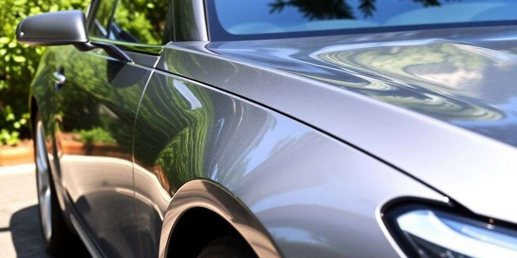 Shiny car after professional detailing in greenery setting.